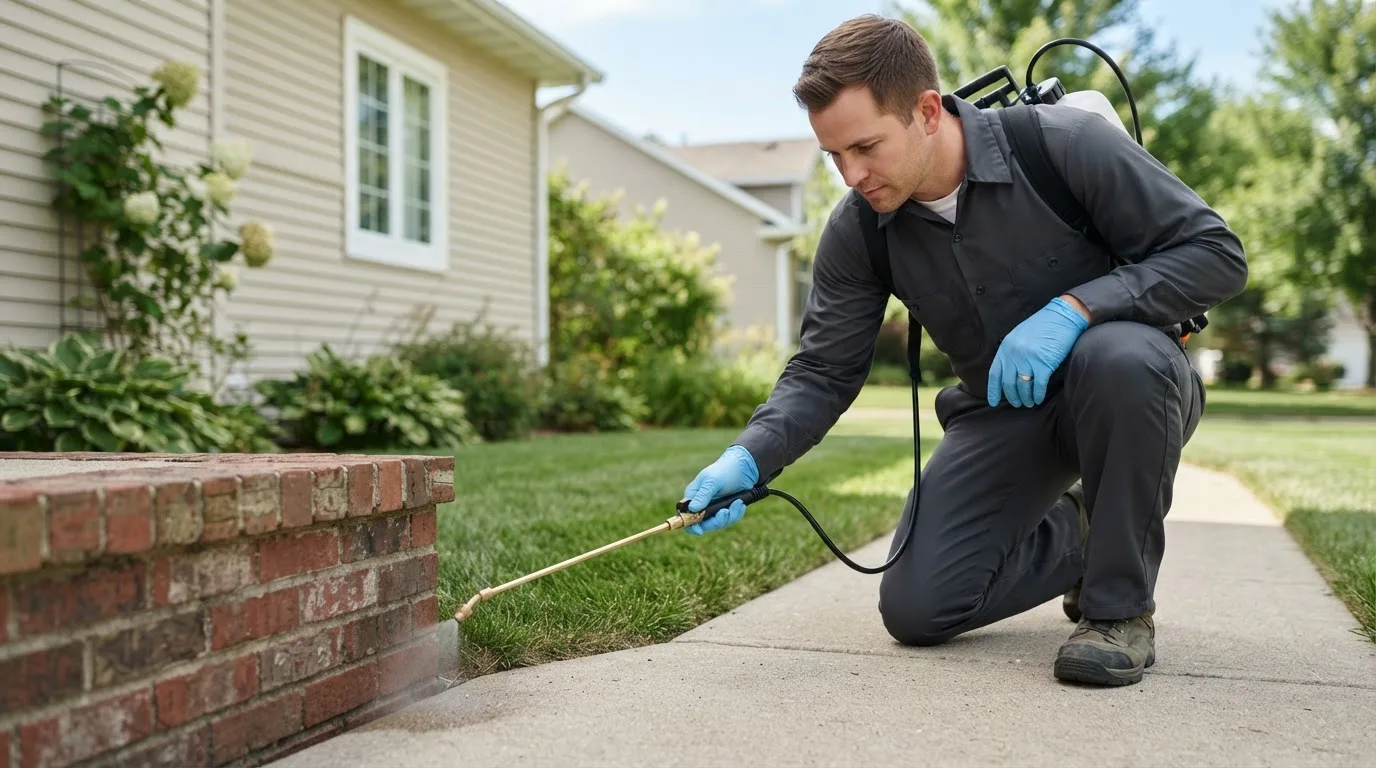 Pest control technician treating a home near Steen, MN